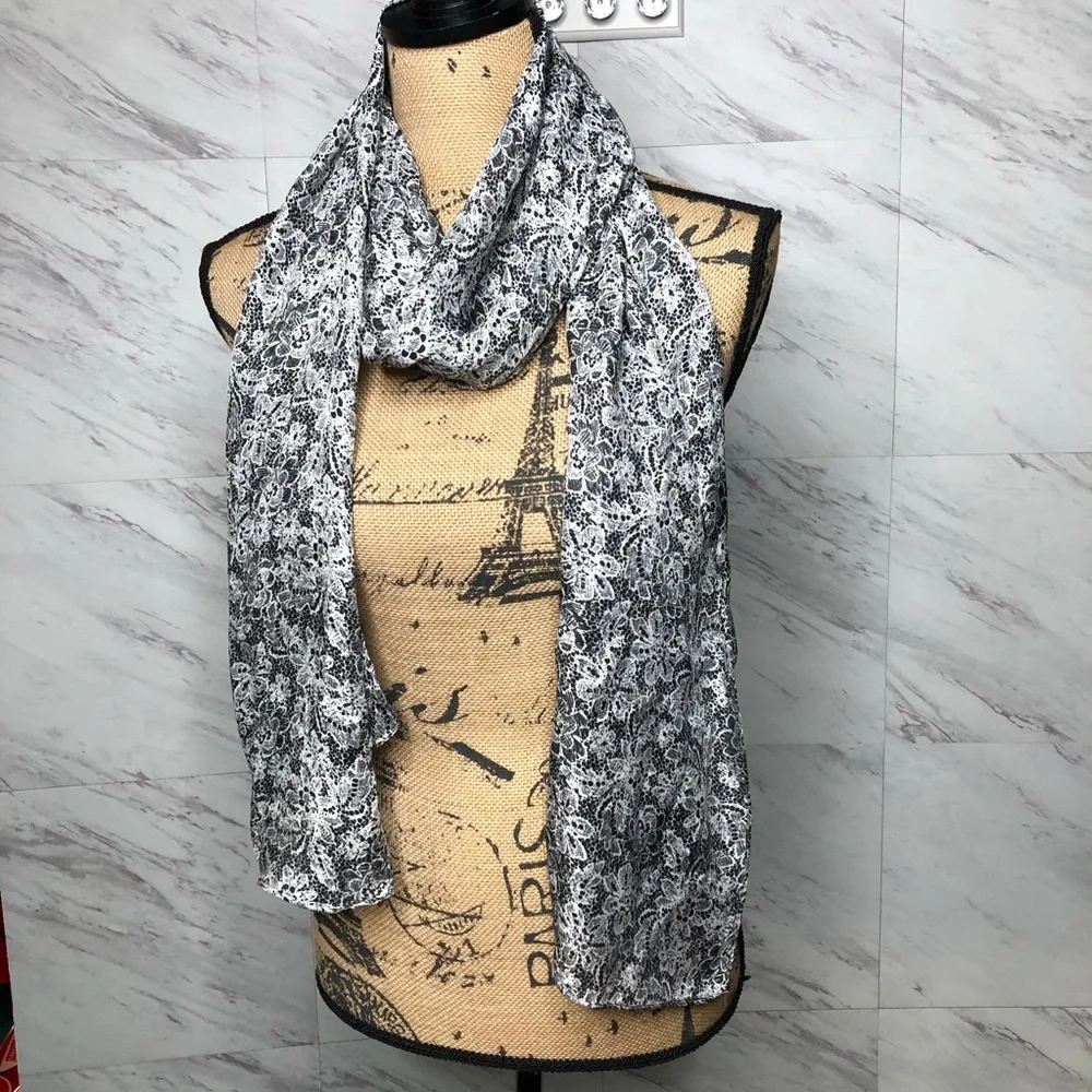 Bundle of Two Printed Wrap Scarves 1 Leopard & 1 Floral Lace Polyester 17.5”x70”